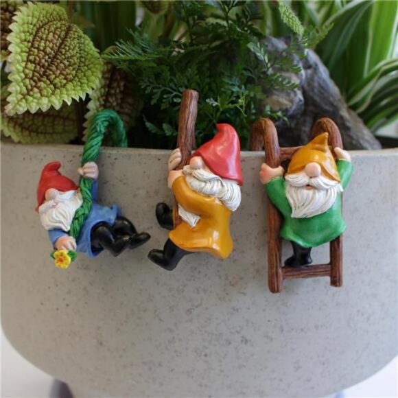Set of 3 Garden Gnome Statues for Plant Pots Whimsical Climbing Dwarf Figurines - Picture 4 of 7